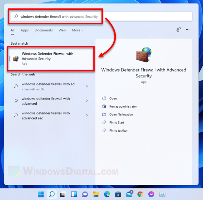 Open Windows Defender Firewall with Advanced Security Windows 11