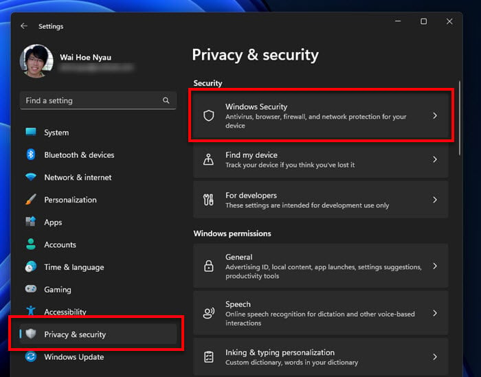 Open Windows Security from Settings