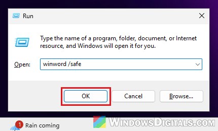 Open Word in safe mode winword safe Run Windows 11