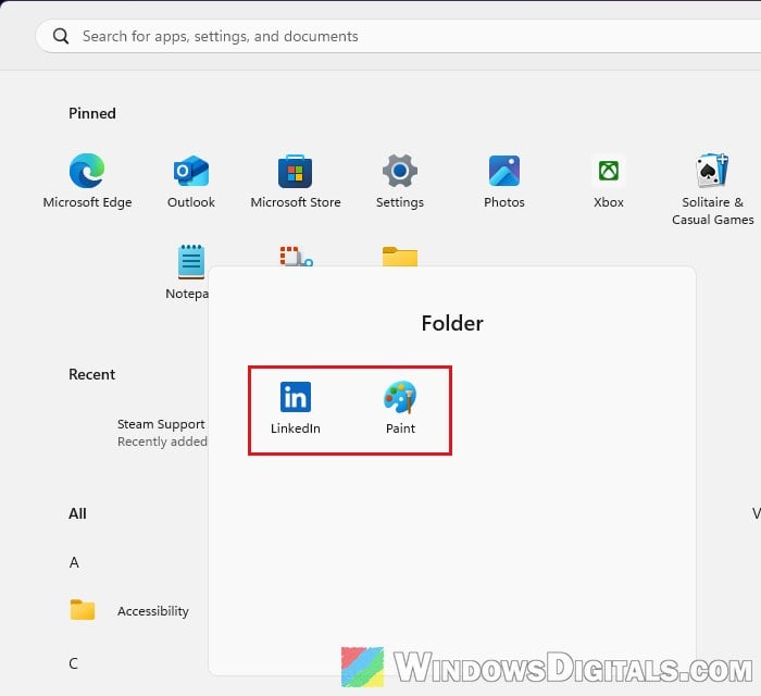 Open a pinned app folder in Start menu Windows 11