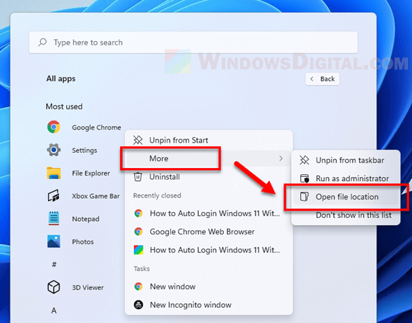 Open file location Start menu Windows 11