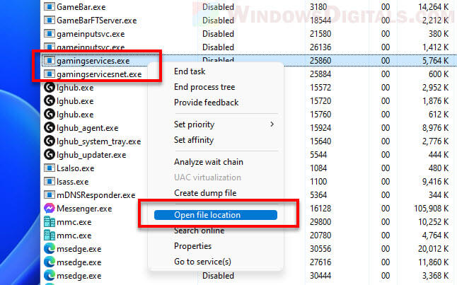 Open file location for a process