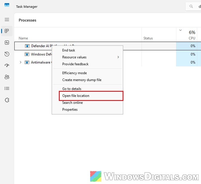 Open file location of DefenderAiPlatformHost.exe Windows 11