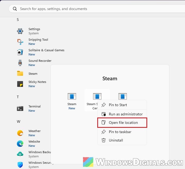 Open file location of leftover app in Windows 11 Start menu