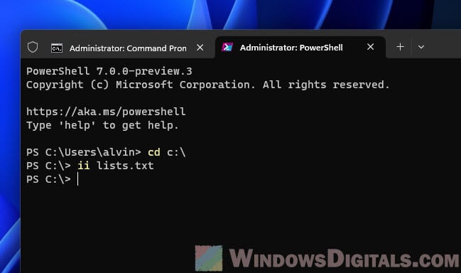 Open files Windows Terminal PowerShell command