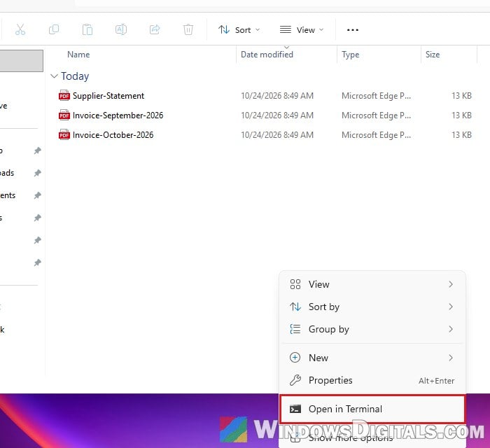 Open in Terminal from folder File Explorer Windows 11