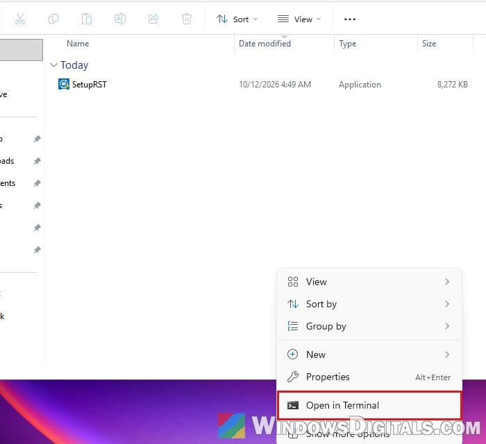 Open in Terminal in SetupRST folder Windows 11