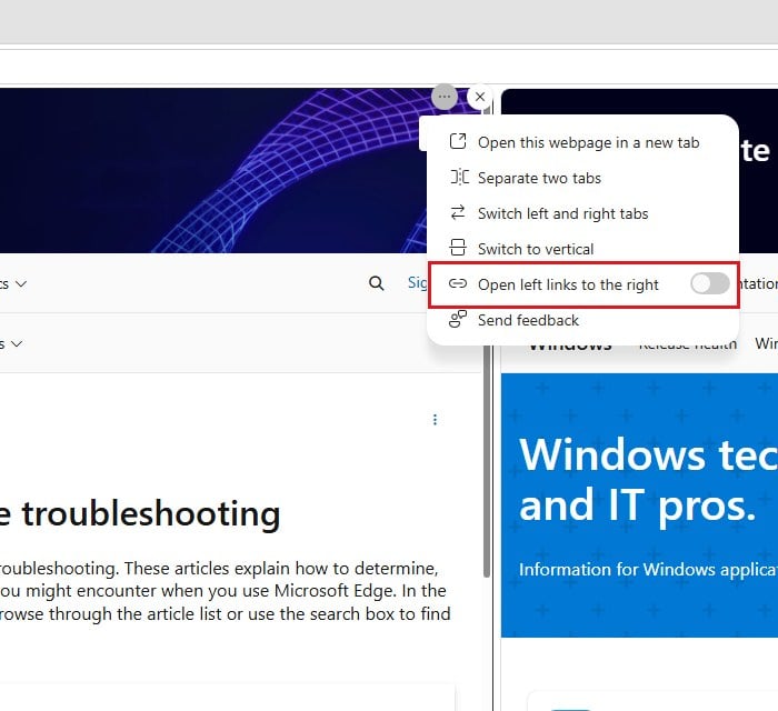 Open left links to the right in Edge split screen