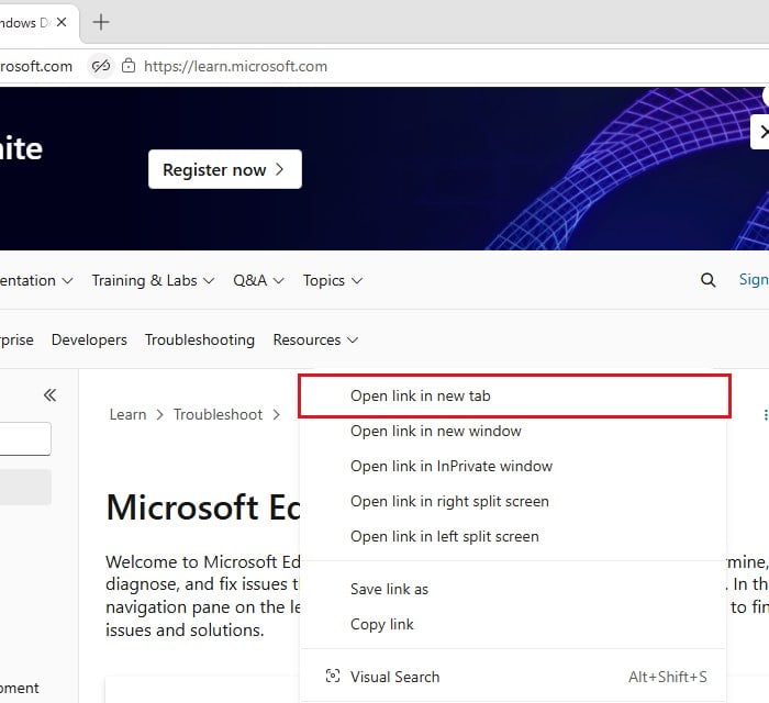 Open link in new tab from Edge split screen right-click menu
