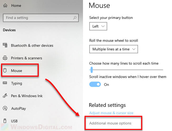 Open mouse settings in Windows 10