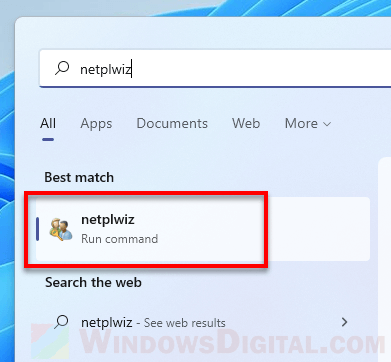 Open netplwiz Windows 11