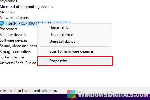 Open network adapter properties in Device Manager Windows 11