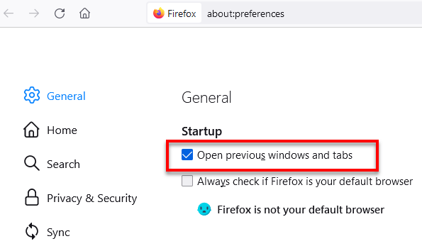 Open previous windows and tabs on startup Firefox