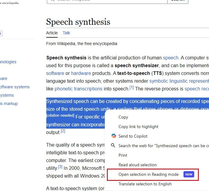 Open selection in Reading mode in Microsoft Edge