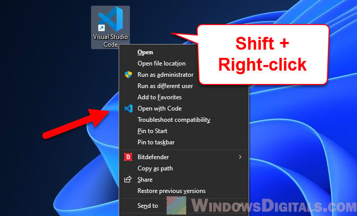 Open with code Windows 11 right-click menu