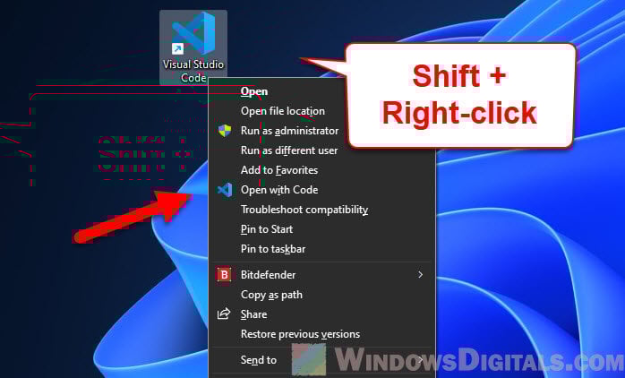Open with code Windows 11 right-click menu