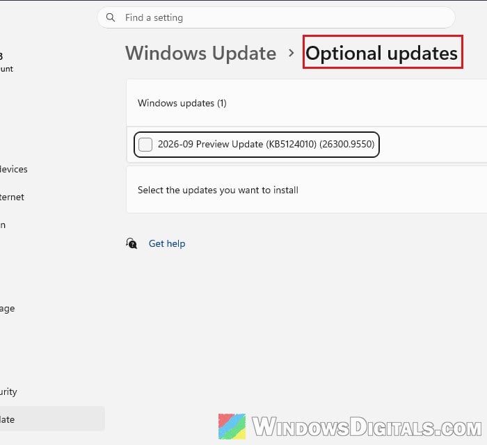 Optional updates page Windows Update Windows 11
