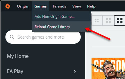 Origin game missing from library reload add non-origin game