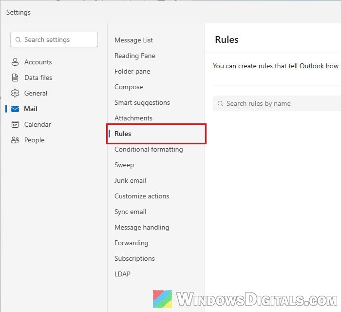 Outlook Mail Rules settings page