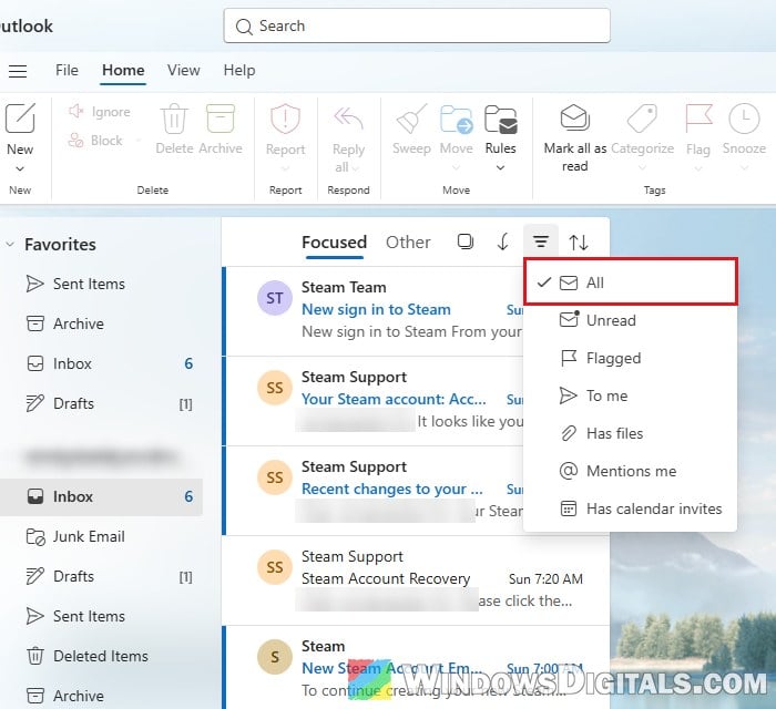 Outlook message list Filter options Windows 11