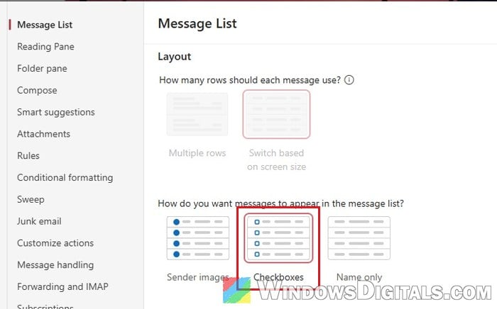 Outlook message list layout Checkboxes setting