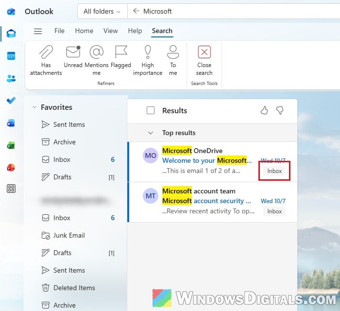 Outlook search results folder name Windows 11