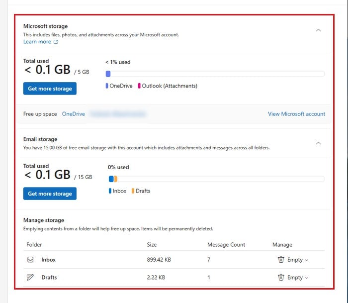 Outlook.com storage settings mailbox usage