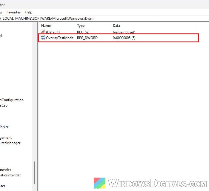 OverlayTestMode registry value in Dwm key Windows 11