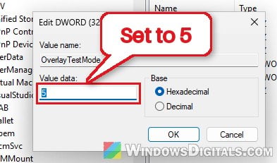 OverlayTestMode value set to 5 to disable MPO Windows 11