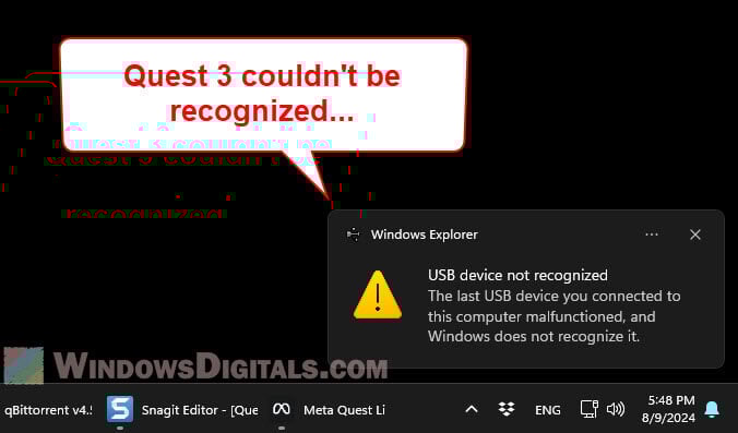 PC can't detect Quest 3 (USB device not recognized)