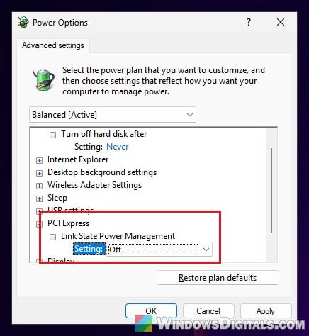 PCI Express Link State Power Management Off Windows 11