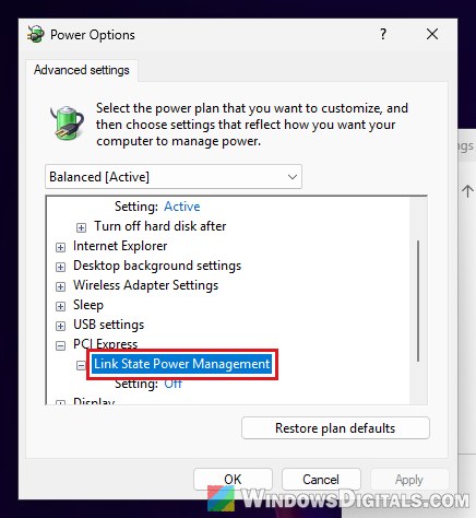 PCI Express Link State Power Management Off Windows 11