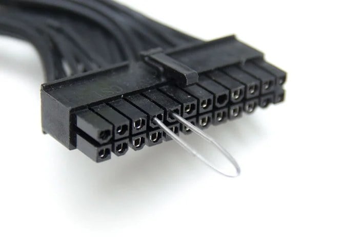 PSU paperclip test pins 16 and 17 on 24-pin connector