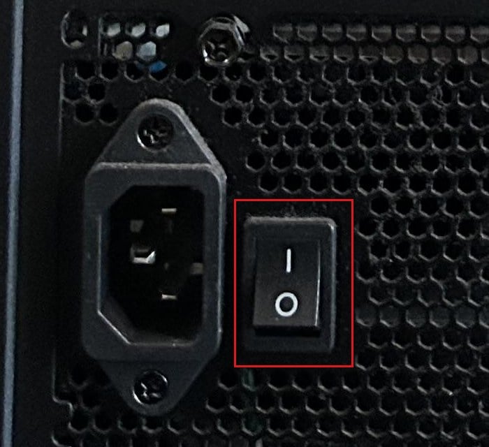 PSU power switch and power socket at the back of the PC