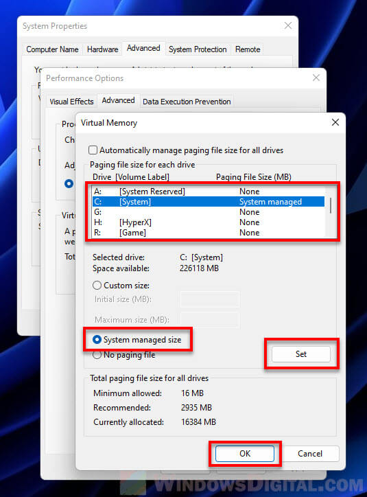 Page file System managed size Windows 11