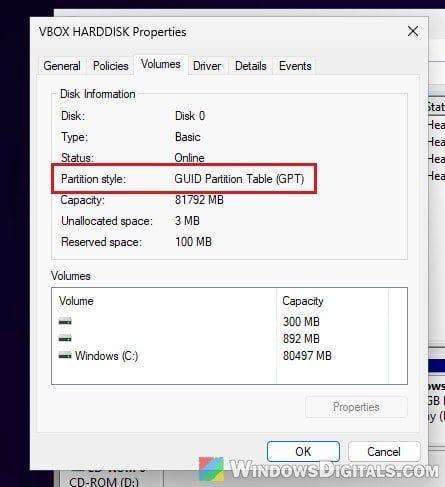 Partition style GPT in Disk Management Windows 11