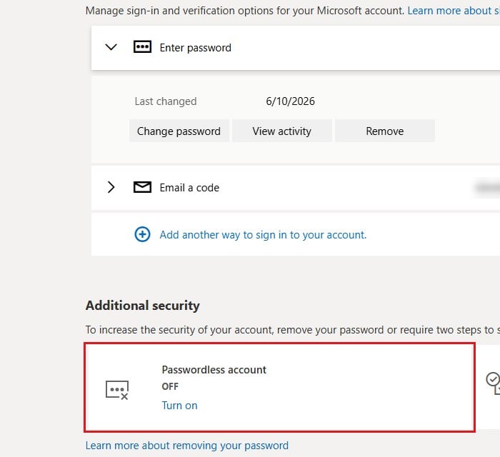 Passwordless account setting Microsoft account additional security options