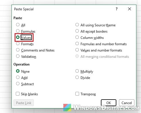 Paste Special Values Excel Windows 11