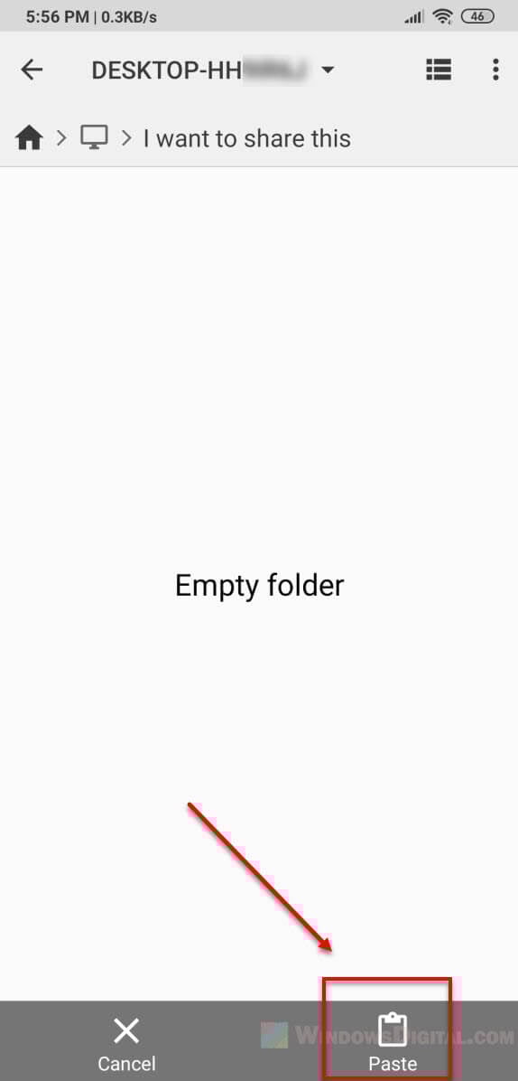 Paste files to shared folder from Android iPhone to PC