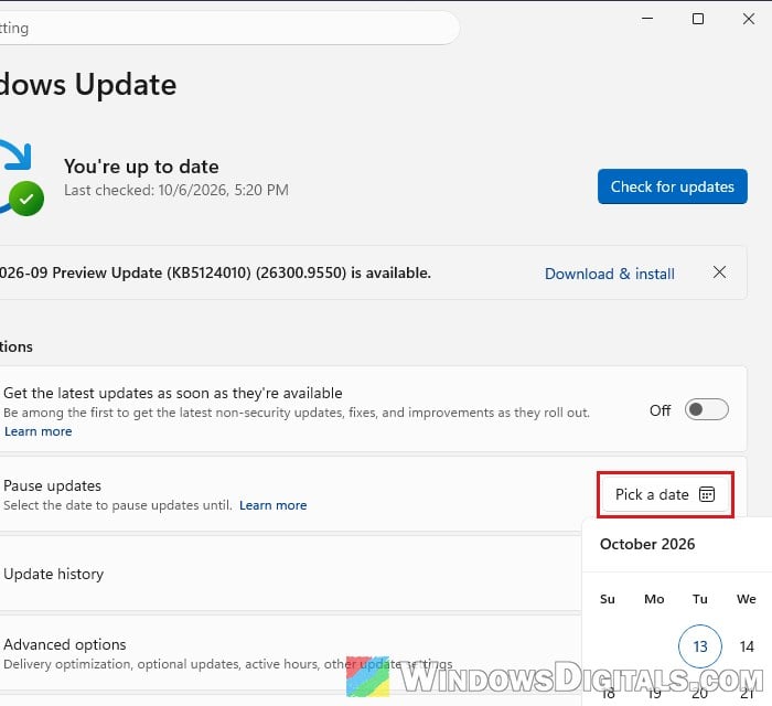 Pause updates Windows 11