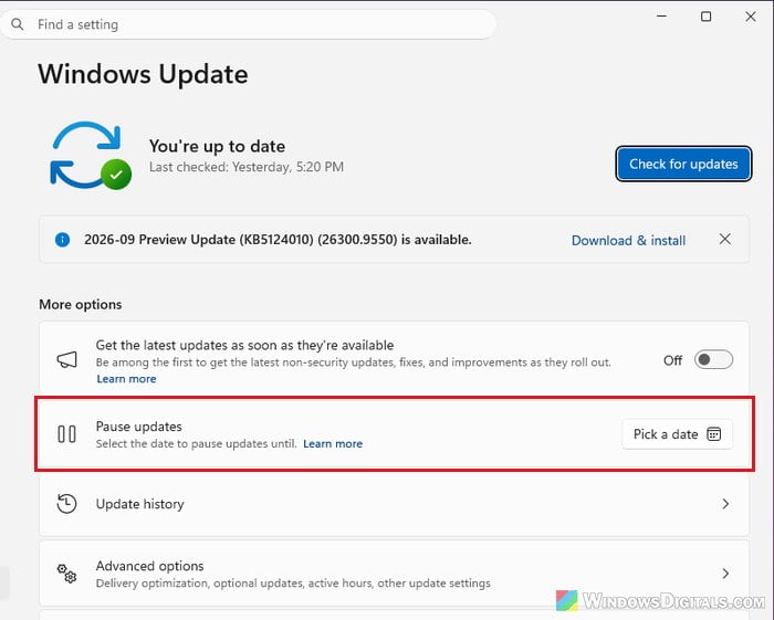 Pause updates Windows 11
