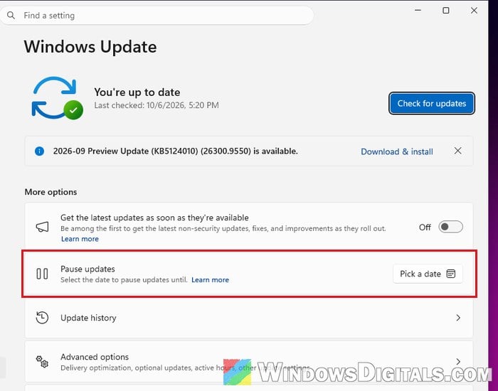 Pause updates Windows Update Windows 11