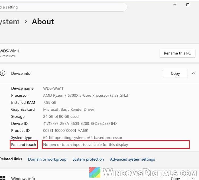 Pen and touch No pen or touch input Windows 11 About