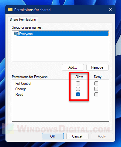Permissions for Everyone Full Control Change Read Windows 11