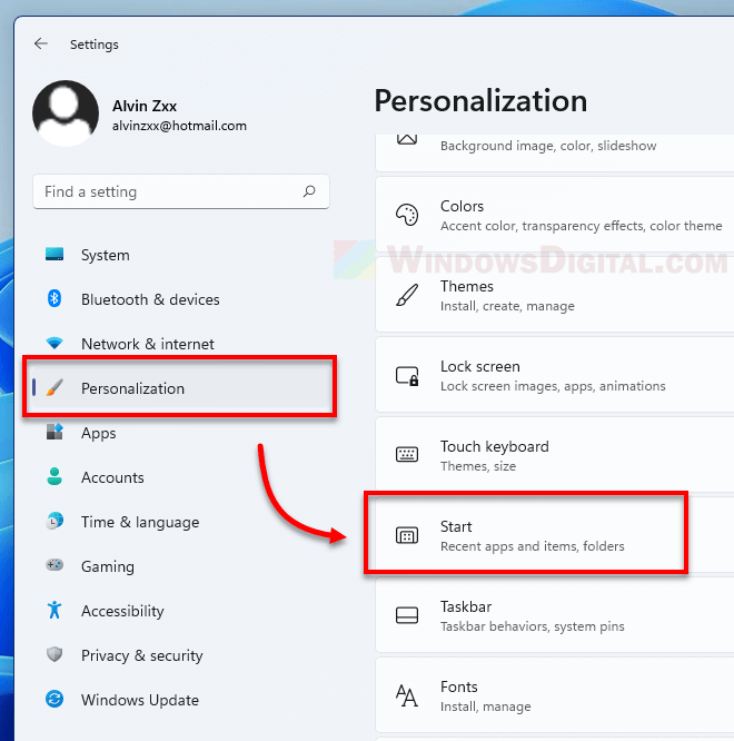 Personalization Start Settings Windows 11