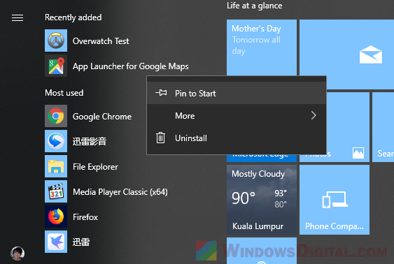 Pin Google Maps to start menu Windows 10