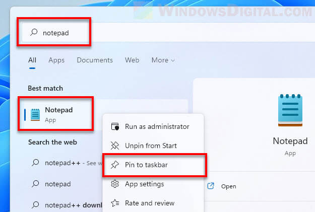 Pin Notepad to taskbar Windows 11