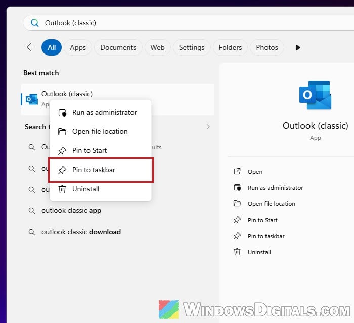 Pin Outlook classic to taskbar Windows 11