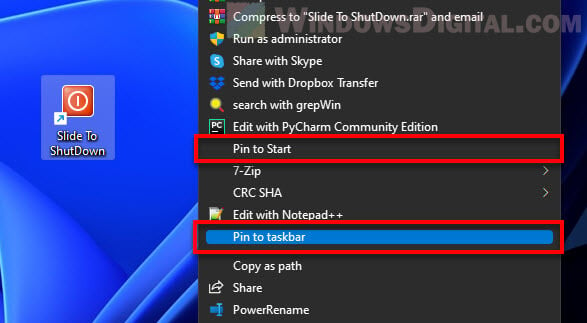 Pin Shutdown to taskbar Windows 11