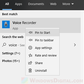 Pin Voice Recorder to Start taskbar Windows 10